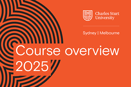 Graphic with text reading 'Course Overview 2025' and the Charles Sturt Sydney Melbourne logo - white text on red background with black line graphic