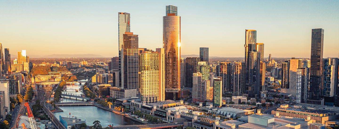 Wide shot of Melbourne City Skyline and the Yarra river