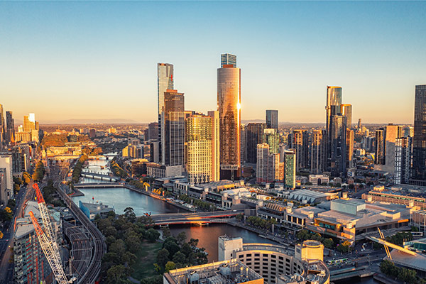 Melbourne CD skyline and Yarra River at sunset