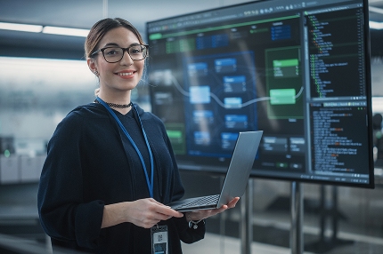 A smiling woman with glasses holding a laptop, standing in front of a large tv monitor
