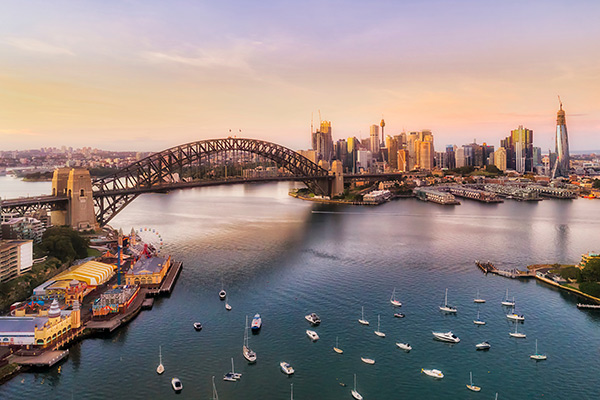 Sydney Harbour and skyline at sunset from North shore perspective