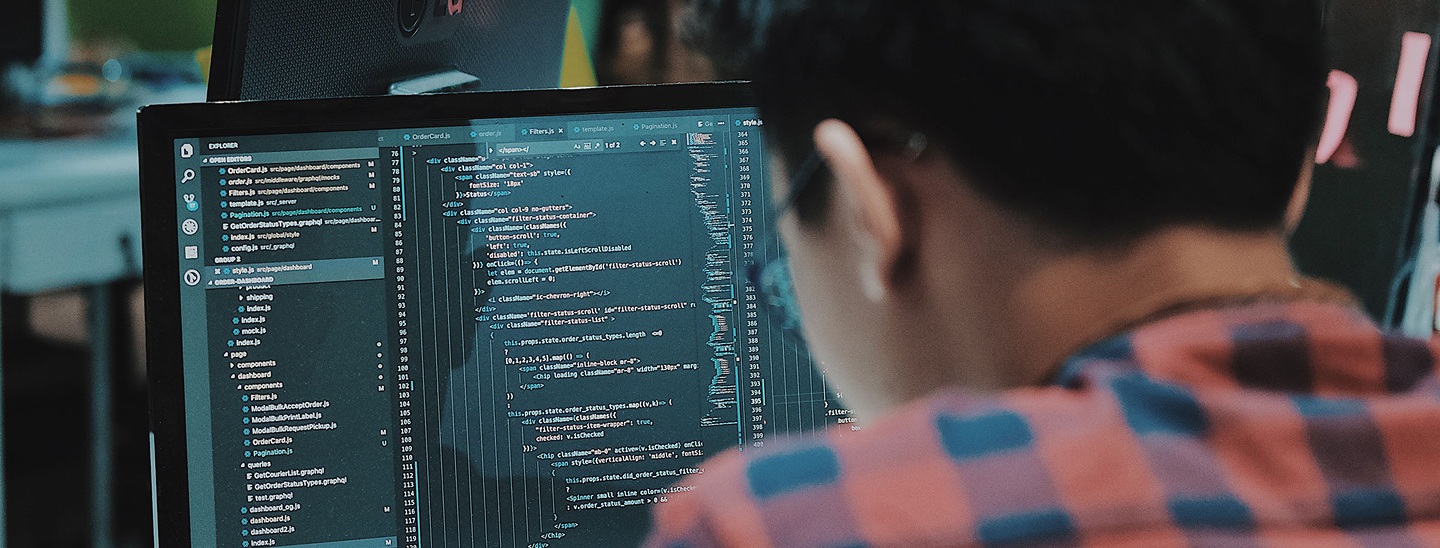 Rear view of a male student's head looking at a computer monitor showing a code editor