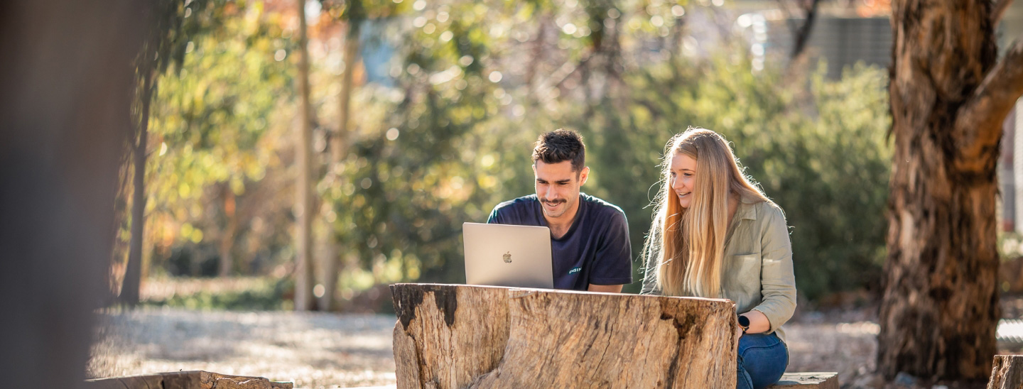 People outside wood bench computer