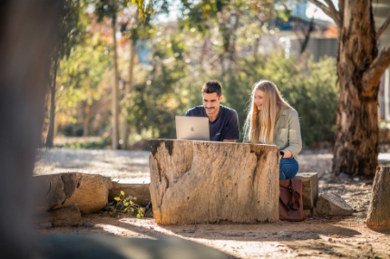 People outside wood bench computer