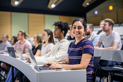 Students on campus in lecture hall