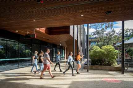 Students outside walking campus